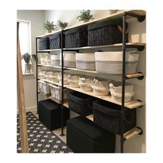 the shelves are filled with baskets and other items in black bins, along with some plants