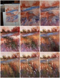 four pictures of different types of paintings in various stages of being colored with acrylic paint