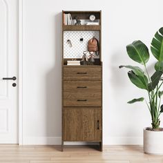 a tall wooden cabinet sitting next to a potted plant in a room with white walls