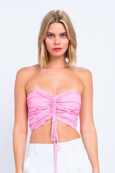 Pink Strapless Ruched Crop Top Spring Strapless Ruched Halter Top, Pink Ruched Sleeveless Crop Top, Pink Sleeveless Ruched Crop Top, Sleeveless Ruched Pink Crop Top, Fitted Ruched Bandeau Crop Top, Spring Satin Stretch Crop Top, Cropped Satin Halter Top, Flirty Fitted Ruched Crop Top, Chic Pink Ruched Crop Top