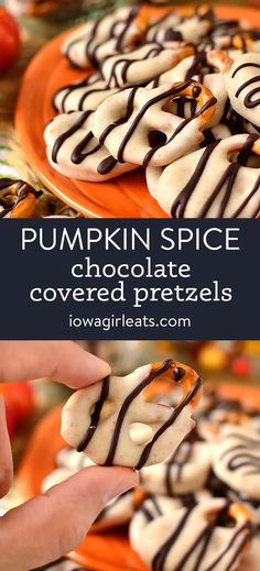 pumpkin spice covered pretzels with chocolate drizzles on top and in the middle