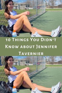 a woman sitting on top of a tennis court next to a fence with the words 10 things you didn't know about jenny