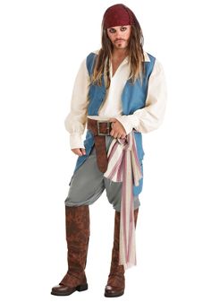 a man dressed as captain jack sparrow with his hat on and tie around his waist