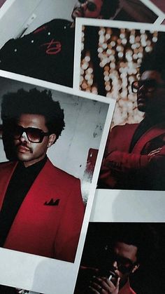 a man in a red suit and sunglasses with his hand on his chin, next to several photos of him