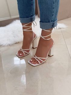 Sizing: true to size - Open toe -Lace up heel - Approx. 4" block heel Cute Block Heels, Heel Inspo Aesthetic, Fancy Heels Aesthetic, Grad Shoes Heels, Lace Up Heels Outfit Dress, White Heels Prom, White Heels Aesthetic, Graduation Shoes Heels, Heels With Dress