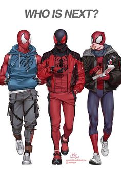 three spider - man are walking down the street with text that reads who is next?