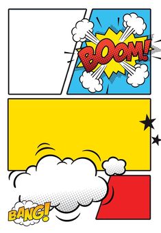 comic book panels with the word boom written on one side and clouds in the other