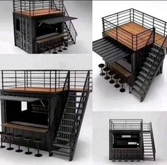 four different views of a building made out of shipping containers and steel bars with stairs to the second floor