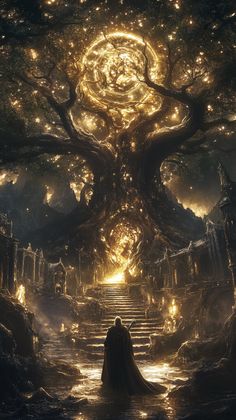 A towering tree dominates the scene, its wide-spreading branches adorned with countless glowing orbs pulsing with life. At the tree’s base, stone steps lead up to an ancient temple partially obscured by roots and foliage. Golden light emanates from within the tree, casting long shadows across the ruins and figures standing in reverence. The surrounding dense, dark forest adds depth, while the softly glowing sky enhances the sacred atmosphere. This fantasy art piece embodies the mystical landscape aesthetic, blending elements of dark fantasy and nature’s enchantment. Light And Dark Magic, Magic Temple, Enchanted Forest Aesthetic, Fantasy Temple, Space Tree, Glowing Tree, Magical Trees, Light Vs Dark, Landscape Aesthetic