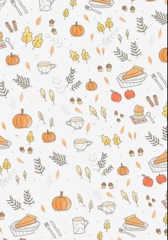 an autumn pattern with leaves, pumpkins and acorns on a white background