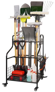 a metal rack with various cleaning supplies on it