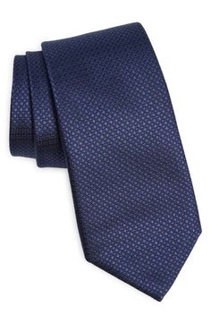 Small, neat patterns bring understated distinction to a tie crafted from Italian silk jacquard and styled to smartly finish any formal look. 3 1/2" width; 58" length 100% silk Spot clean Made in Italy Blue Silk Tie For Workwear, Blue Silk Ties For Work, Tailored Blue Formal Tie, Blue Tailored Ties For Business, Blue Silk Suit And Tie Accessories For Work, Blue Silk Ties For Business, Blue Silk Ties For Semi-formal Occasions, Blue Silk Suit And Tie Accessories For Office, Fitted Blue Silk Suit And Tie Accessories