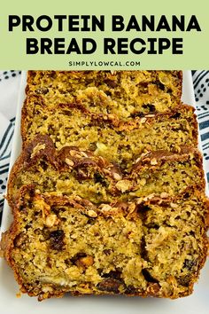 a loaf of banana bread on top of a white plate with the words, protein banana bread