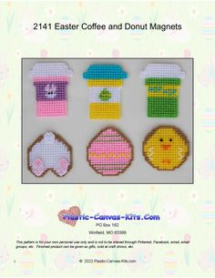 an advertisement for the easter coffee and donut magnets set, with four different designs