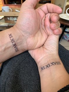 two wrist tattoos with roman numerals on them