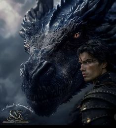 a man standing next to a dragon in front of a cloudy sky with the words game of thrones written on it