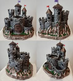 four pictures of a castle made out of plastic