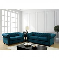 Stanford CM6269TL-LV Love Seat By Furniture Of AmericaBy sofafair.com Dark Teal Sofa, Transitional Sofa, Teal Living Rooms, 3 Piece Living Room Set, Teal Sofa, Living Room Trends, Tufted Sofa, Furniture Of America, Loveseat Sofa