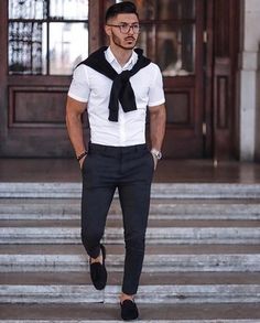 Loafers Men Outfit, Italian Mens Fashion, Men's Business Outfits, Shirt Outfit Men, Mens Summer Outfits, White Short Sleeve Shirt, Mens Casual Outfits Summer, Black Chinos, Mens Fashion Casual Outfits