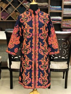 Coat, Long Coat, Embroidered Jacket for Woman, Kashmiri Jacket, Blue Kashmir Coat, Embroidery, Boho Winter Embroidered Kurta, Winter Embroidered Multicolor Kurta, Winter Kurta With Intricate Multicolor Embroidery, Multicolor Embroidered Jamawar Fabric, Traditional Winter Kurta With Multicolor Embroidery, Traditional Multicolor Embroidered Winter Kurta, Traditional Embroidered Kurta For Winter, Long Embroidered Jamawar Kurta, Long Embroidered Multicolor Kurta