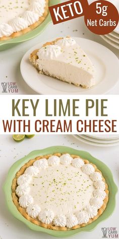 key lime pie with cream cheese on top and in the background, there is a slice missing