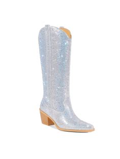 Step into the spotlight with these dazzling rhinestone-embellished cowboy boots, designed to make a statement wherever you go. Featuring a shimmering exterior covered in meticulously placed rhinestones, these boots bring a sparkling twist to the classic Western silhouette. The pointed toe and stacked low heel add both elegance and comfort, making them perfect for both day and night wear. Crafted with a durable sole and cushioned insole, these boots provide all-day comfort while maintaining a chi Western Style Party Boots With Bling, Western Rhinestone Fringe Boots For Fall, Western Boots With Rhinestone Fringe For Fall, Fall Rhinestone Boots With Round Toe, Western Party Boots With Rhinestones, Fall Rhinestone Round Toe Boots, Western Party Boots With Rhinestone Rivets, Fall Boots With Rhinestones And Round Toe, Western Style Party Boots With Rhinestones