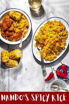 Spicy Nandos served in a large oval dish with a plate of chicken wings, corn on the cob and rice on the side. Spicy Rice Recipe, Fakeaway Recipes, Side Dishes For Chicken, Savory Rice, Spicy Rice, Grilled Seafood, Easy Side Dish