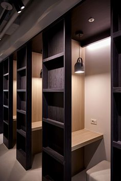 an empty room with wooden shelves and lights on the ceiling, along with white carpeted flooring