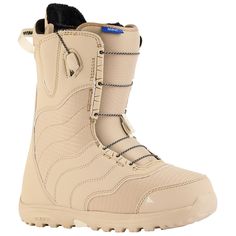 the snowboard boots are beige and have laces on each side of the boot