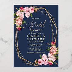 the navy and pink floral bridal shower is shown with gold geometric frame