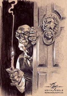 a drawing of a man holding a candle in front of a door with a lion on it