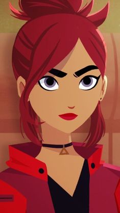 an animated woman with red hair and blue eyes