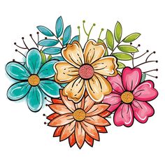 colorful flowers with green leaves on white background