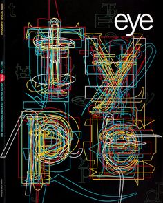 the cover of eye magazine, with colorful lines and letters on black paper in front of it