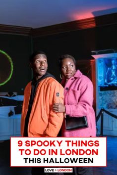 two men standing next to each other in front of a tv screen with the words 9 spooky things to do in london this halloween