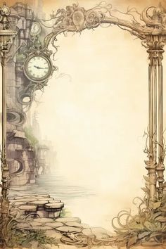 an old - fashioned photo frame with a clock on the wall and water in the background