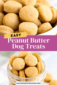 peanut butter dog treats in a glass jar with the title overlay that reads easy peanut butter dog treats