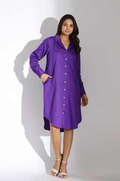 "Are you looking for cotton summer shirt dresses online?  Shop for the best cotton casual summer shirt dress from our collection of exclusive, customized & handmade products. From solid colors to prints, we have wide variety of collection. COTTON SHIRT DRESS FOR WOMEN Pattern: Solid Color: Purple Style: Just below the knee Front Neck Style: V Neck Sleeve Length: Long Sleeves This garment has Inseam Pockets Number of Pockets: 2 Garment Transparency: Opaque Relaxed Fit Buttons FABRIC 100% Cotton F Mode Purple, Cotton Dresses Summer, Shirt Dress For Women, Button Up Shirt Dress, Purple Dress Shirt, Trendy Dresses Summer, Shirt Dress Summer, Cotton Dress Summer, Cotton Shirt Dress