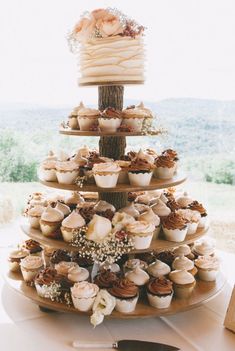 a tiered cake with cupcakes and flowers on the top is surrounded by other desserts