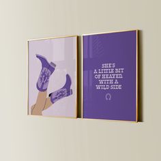 two purple posters hanging on the wall next to each other, one with an image of a pair of shoes