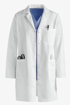 You worked hard for that white coat – and it’s a badge of honor. Ours is traditionally styled for a professional air – notched collar, three patch pockets, stitched down back belt and mid-thigh length. Made of sturdy, easy-care twill • Traditional fit • Notched collar • Button front • Total of 3 pockets • 2 large lower pockets • 1 chest pocket • Long sleeves • Stitched down back belt • Approximate length: 35” Key to a professional-looking lab coat? Durable fabric that resists wrinkles and soil – Lab Coat Fashion, Women's Lab Coats, Doctor Coat, White Lab Coat, Doctor Outfit, Uniform Advantage, Lab Coats, Medical Uniforms, Uniform Design