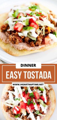 an easy tostada with meat and vegetables on it is shown in two different images