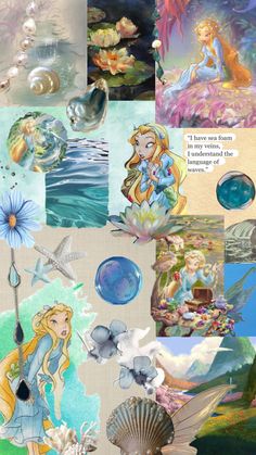 the collage has many different pictures and words on it, including an image of mermaids