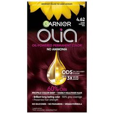 Garnier Olia Permanent Hair Color is an ammonia free, vegan formula that delivers brilliant long-lasting hair dye and 100% gray coverage without compromising the health of your hair. Olia is ammonia free, silicone free, paraben free, and phthalate free. It's Leaping Bunny certified by Cruelty Free International. Powered by a 60% oil blend with sunflower and camellia seed oil and our ODS technology which propels colorants deep into the hair. The formula has a delicate floral fragrance for the mos Olia Hair Color, Garnier Hair Color, Ammonia Free Hair Color, Garnier Olia, Dark Garnet, Gray Coverage, Garnet Red, Permanent Hair Dye, Dark Rose