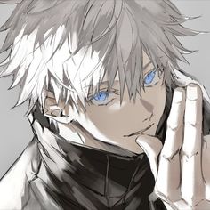 an anime character with white hair and blue eyes talking on a cell phone while holding his hand up to his ear