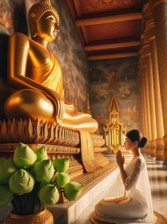 a woman sitting in front of a golden buddha statue with her hands clasped to her chest