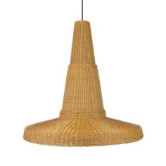 a wicker light hanging from the ceiling