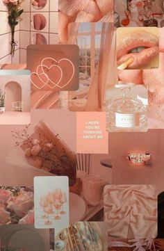 a collage of pink and white images with hearts, flowers, candles, vases