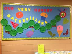 the very hungry caterpillars bulletin board is decorated with paper plates and magnets