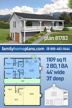 two story house plan with 3 bedroom and 2 bath in the front, an open floor plan